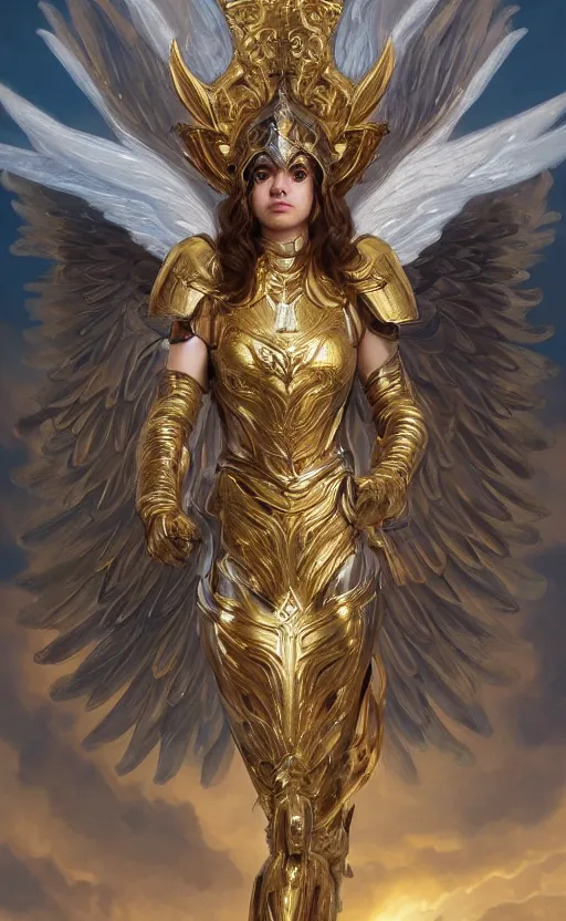 Prompt: A beautiful and fierce angel wearing fancy metallic battle armor and wings among heavenly clouds, intricate, elegant, highly detailed, digital painting, golden hour photography, medium shot, artstation, concept art, smooth, sharp focus, illustration, art by artgerm and Greg Rutkowski and Alphonse Mucha