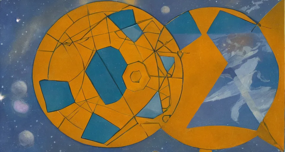 Image similar to hexagonal shield in space, blocking the sun, earth in the foreground, art deco painting