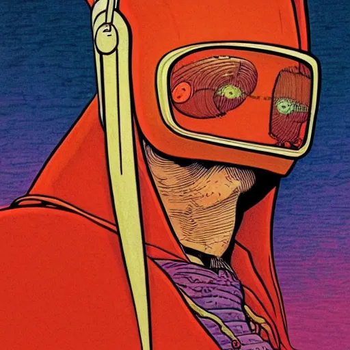 Image similar to drawn in the style of jean giraud!! moebius!! rackham the red wearing headphones and speaking into big microphone, podcast studio