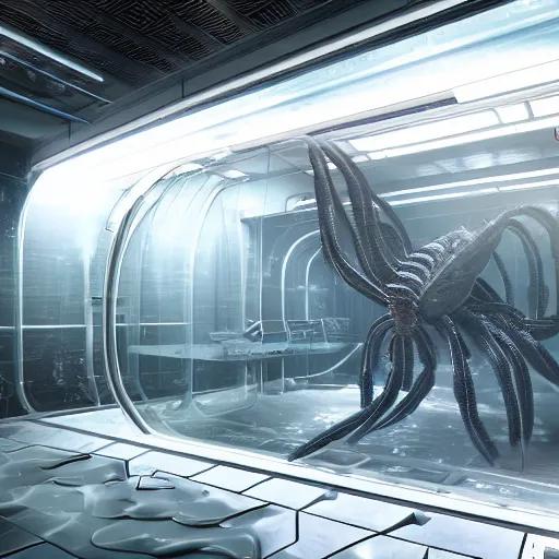 Prompt: slimy wet scorpion lovecraft alien tarantula monster trapped inside a large transparent science fiction mass effect glass containment chamber in a furnished science fiction spaceship laboratory, dramatic lighting, octane, trending on artstation, volumetric lighting — w 6 4 0