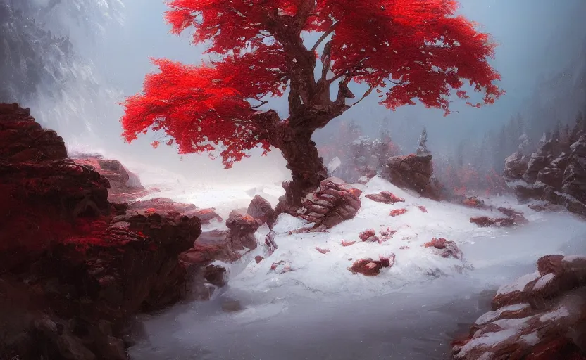 Image similar to A beautiful oil painting of a rocky valley covered in snow, trees with red leaves, thunderstorm in the sky, blue lighting, gloomy, atmospheric lighting, detailed, by greg rutkowski, trending on artstation