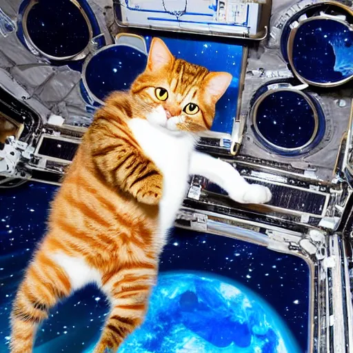 Image similar to Photo of a cat floating inside the International Space Station, realistic award-winning