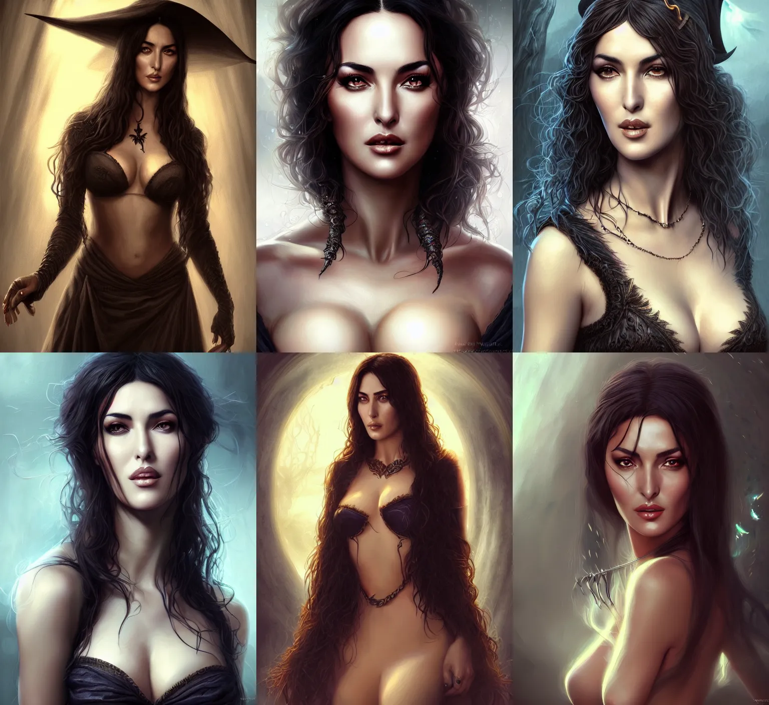 Prompt: portrait of a young beautiful witch,monica bellucci, upper body, attractive body, D&D, fantasy, intricate, cinematic lighting, highly detailed, digital painting, artstation, concept art, smooth, sharp focus, illustration, art by Artgerm