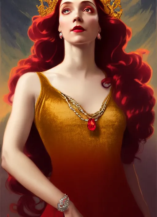 Image similar to ombre velvet gown, face by leyendecker, lovely queen, portrait, long red hair, small crown, dozens of jeweled necklaces, feral languid woman, by greg rutkowski, anato finnstark, alphonse mucha, global illumination, radiant light