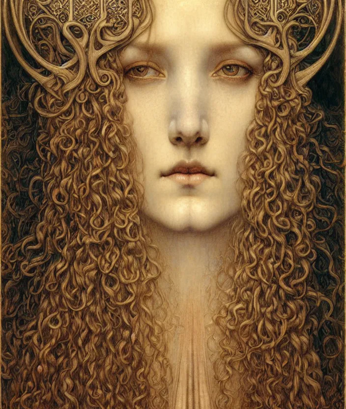 Image similar to detailed realistic beautiful young medieval queen face portrait by jean delville, gustave dore and marco mazzoni, art nouveau, symbolist, visionary, gothic, pre - raphaelite. horizontal symmetry