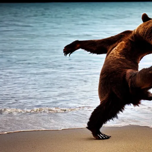 Prompt: breakdancing bear on a beach