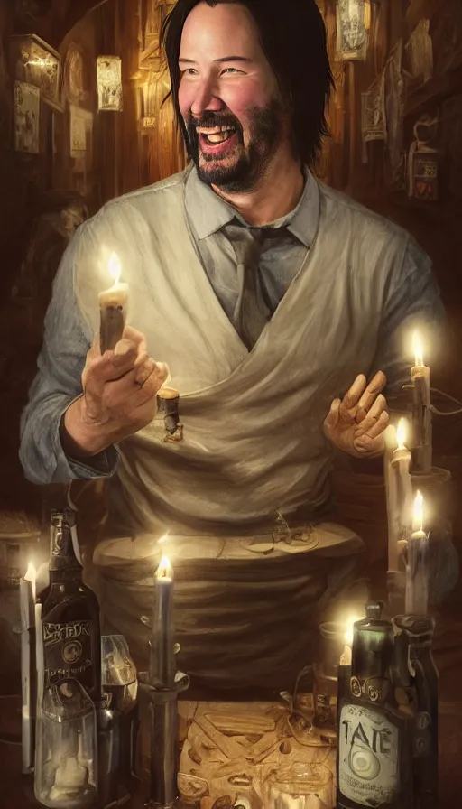 Prompt: keanu reeves as fat drunk tavern owner, apron, laughing, candles, fame of thrones, warhammer, fibonacci, sweat drops, intricate fashion clothing, insane, intricate, highly detailed, surrealistic, digital painting, artstation, concept art, smooth, sharp focus, illustration, unreal engine 5, 8 k, art by artgerm and greg rutkowski and alphonse mucha