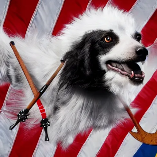 Prompt: a dog with a trident riding a bald eagle, patriotic, photorealistic, realistic photo, sharp focus, high detail