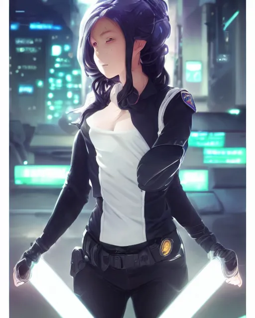 Image similar to anime key visual of a young female police officer, neon, cyberpunk, futuristic, white clothing, black vest, stunning, highly detailed, digital painting, artstation, smooth, soft focus, illustration, art by artgerm and greg rutkowski and alphonse mucha