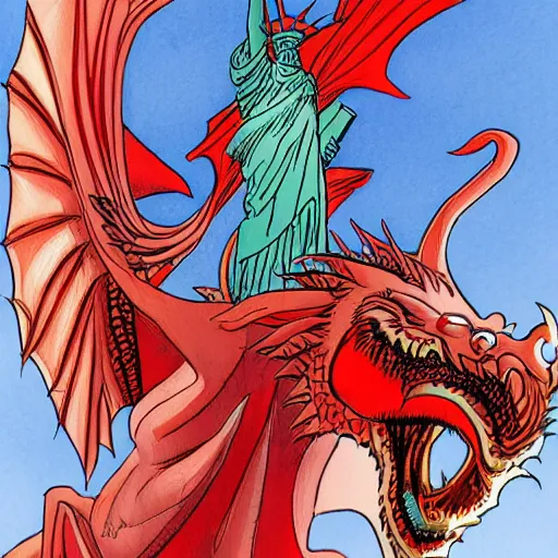 Image similar to Lady Liberty riding the red dragon of china. illustration concept art in the style of Arthur Adams