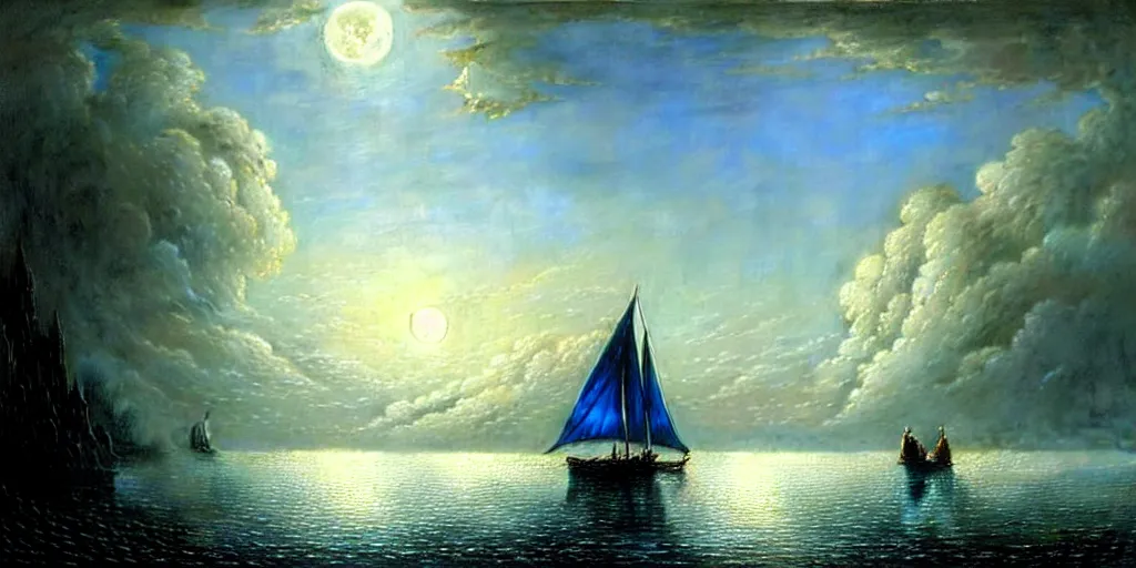 Prompt: an elegant fairy queen in a blue lace dress dancing looking out at a lord of the rings scenery landscape, staring across the sea at a white timber sail boat, evening, highly detailed, vivid colour, soft clouds, full moon, cinematic lighting, perfect composition, gustave dore, derek zabrocki, greg rutkowski, belsinski
