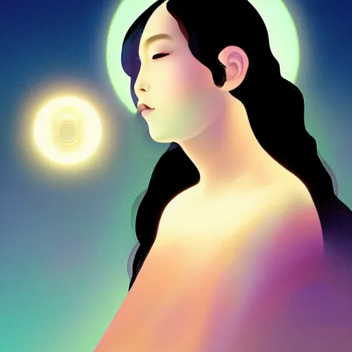 Image similar to a portrait of a very beautiful goddess with halo behind her head, looking in front, in the style of WLOP and Hsiao-Ron Cheng and Ross Tran