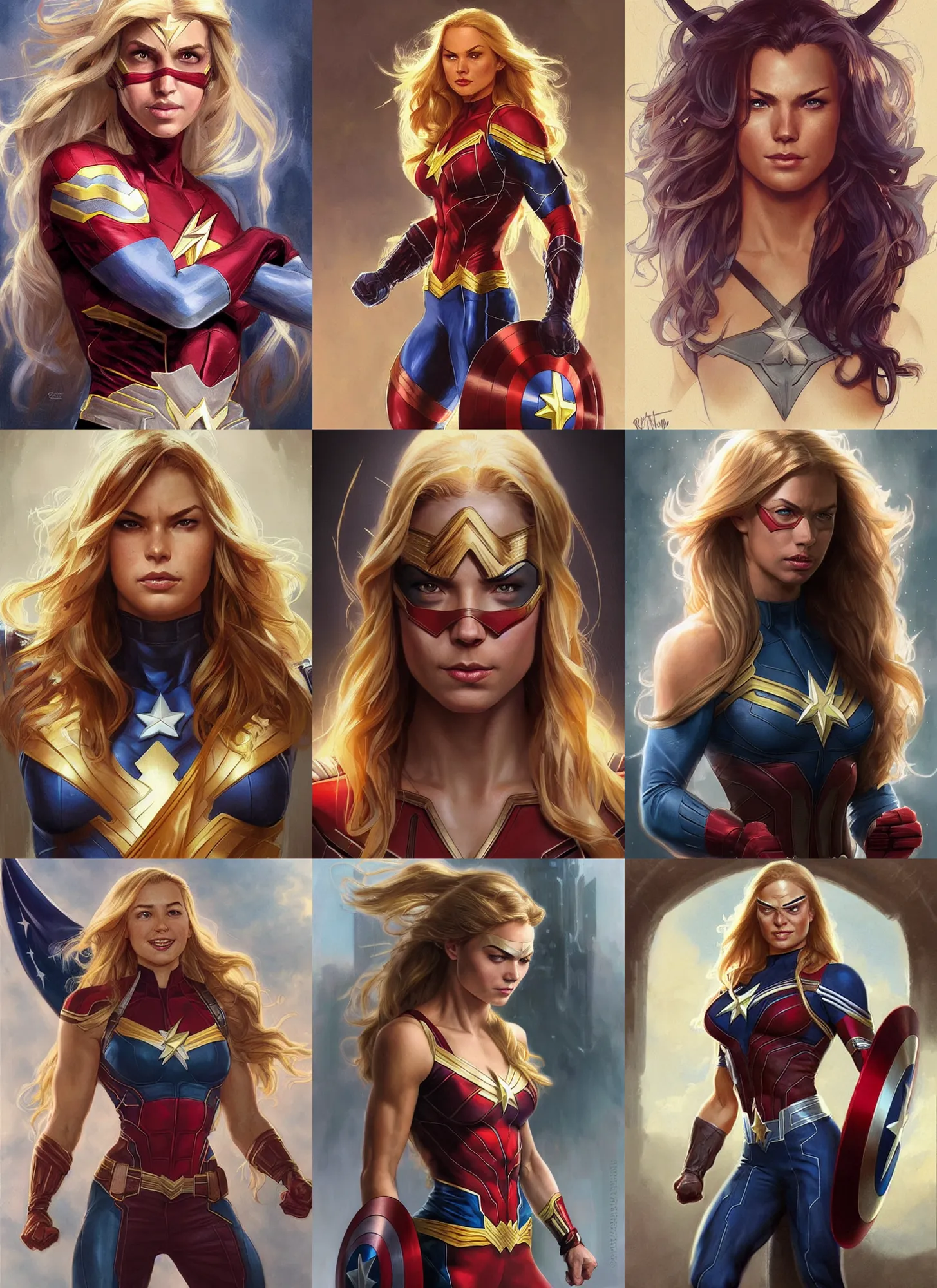 Image similar to a muscled young april with a mischievous face and extrmely long blonde wavy hair dressed as captain america, batman, the flash, captain marvel, wonder woman, a superhero. beautiful detailed face, artgerm, greg rutkowski, alphonse mucha