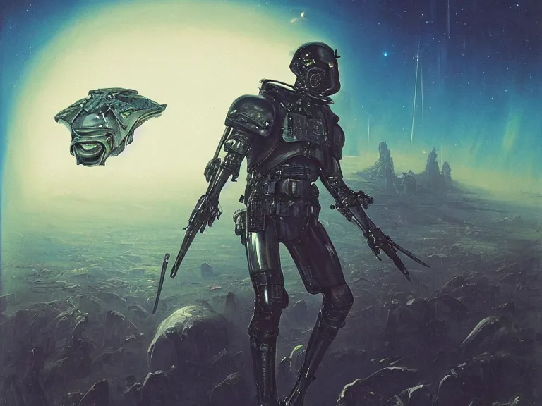 Image similar to a detailed profile painting of a bounty hunter in armour and visor, cinematic sci-fi poster. Spaceship high in the background. Flight suit, anatomy portrait symmetrical and science fiction theme with lightning, aurora lighting clouds and stars. Clean and minimal design by beksinski carl spitzweg h.r. giger and tuomas korpi. baroque elements. baroque element. intricate artwork by caravaggio. Oil painting. Trending on artstation. 8k