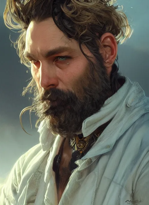 Prompt: close up portrait painting of a bearded rockstar, ultra realistic, concept art, intricate details, serious, highly detailed, photorealistic, octane render, 8 k, unreal engine. art by artgerm and greg rutkowski and alphonse mucha