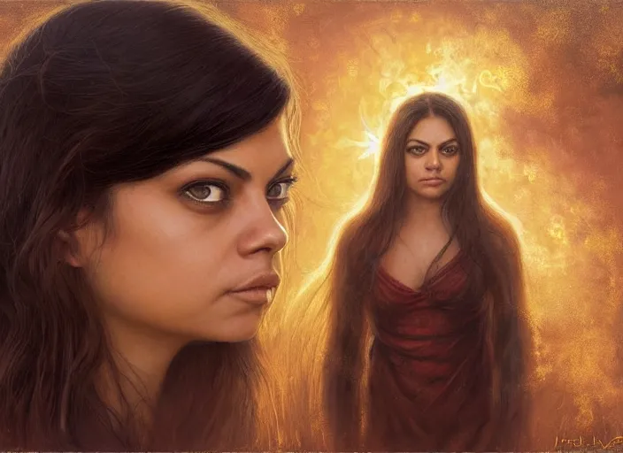 Image similar to big-eyed surprised Mila Kunis staring intensely into the camera, sundown golden hour firefly wisps, Lilia Alvarado, Sophie Anderson, Mark Arian, Bob Byerley, Charlie Bowater, Mark Brooks, Steve Henderson, Justin Gerard, Arthur Hughes, Edward Robert Hughes, Mark Keathley, Victor Nizovtsev, Carlos Shwabe, Ross Tran, WLOP