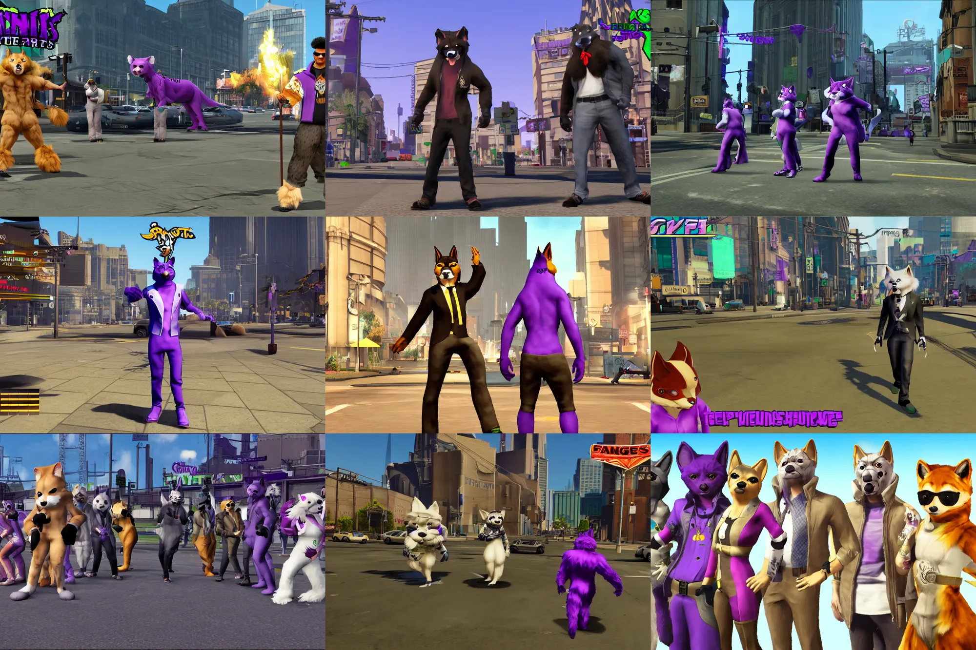Prompt: screenshot, saints row fursuit tails mod, furries wearing tails, referencing city of villains