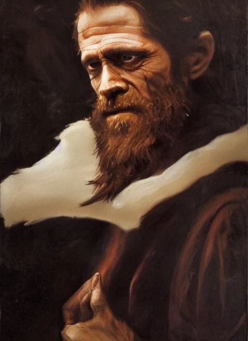 Image similar to flattering regal painting of bearded willem dafoe, renaissance oil painting, studious chiaroscuro