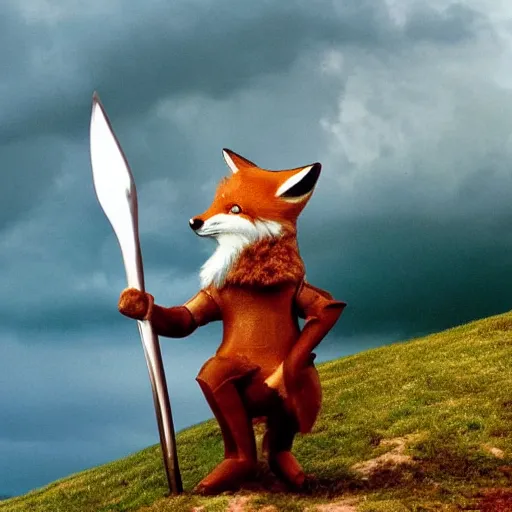 Image similar to anthropomorphic fox!! who is a medieval knight holding a sword towards a stormy thundercloud 1 9 3 0 s film still, castle in the background