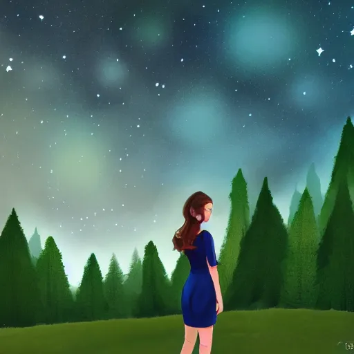 Image similar to an hd photo of a cute young woman with short brown hair and green eyes, beautiful trees in the background, night sky with stars and galaxies, trending on artstation