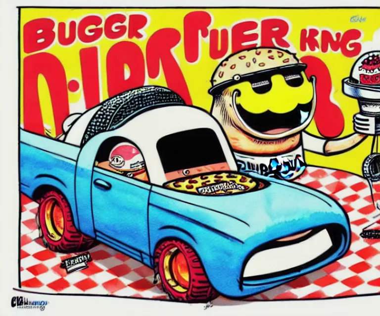 Prompt: cute and funny, burgerking, wearing a helmet, driving a hotrod, oversized enginee, ratfink style by ed roth, roth's drag nut fuel, centered award winning watercolor pen illustration, isometric illustration by chihiro iwasaki, the artwork of r. crumb and his cheap suit, cult - classic - comic,