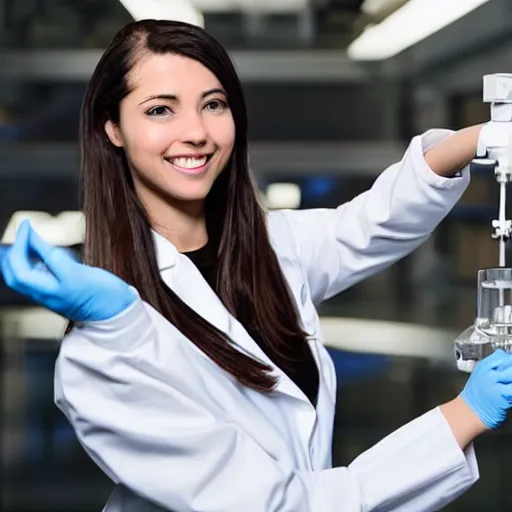 Image similar to a female scientist with a futuristic robotic arm