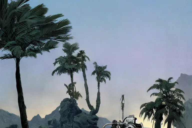 Prompt: natural american landscape | robot repairing another robot | palm trees | snowy mountains, painting by syd mead and weta studio and james jean, frank frazetta, highly detailed, rule of third, soft lighting, 8 k resolution, oil on canvas, architectural magazine, beautiful detailed, insanely intricate details, artstation trending, hypermaximalistic, high details, cinematic