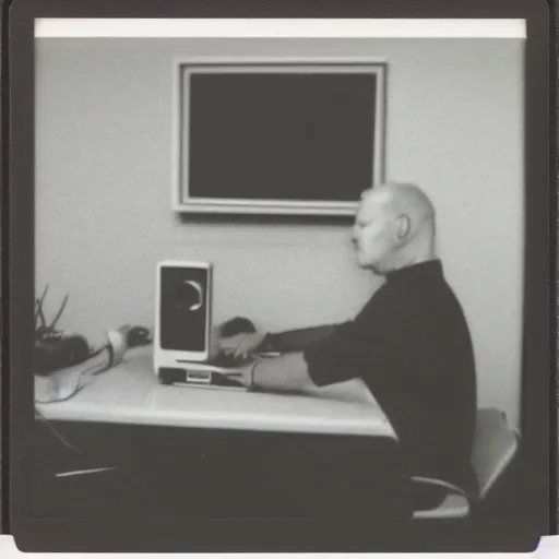 Prompt: Detailed polaroid photograph of a guy sitting at his 80s computer late at night in a dark room with only the screen lighting up the room