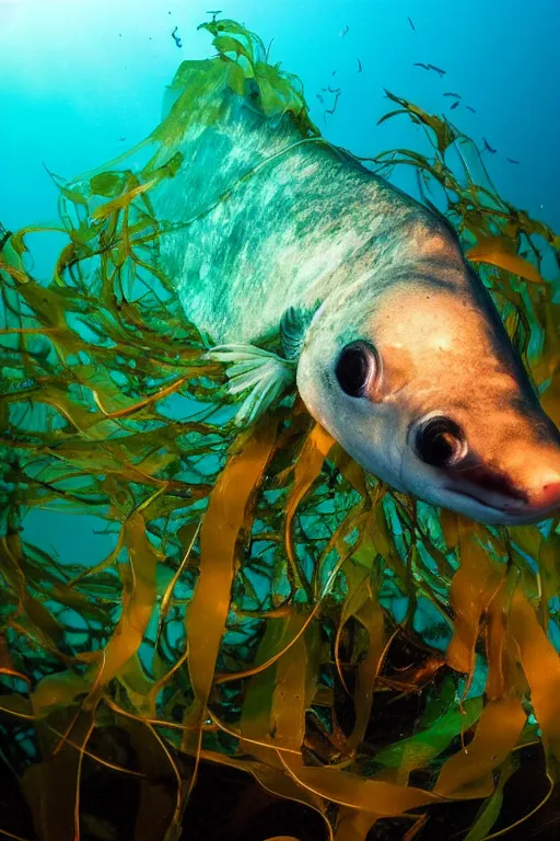 Image similar to beautiful photo of an atlantic cod swimming amongst kelp underwater in clear water sunset moody lighting