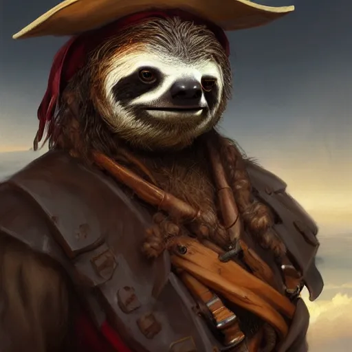 Image similar to Portrait of a Sloth dressed as a Pirate, digital painting, highly detailed, artstation, concept art, smooth, sharp focus, illustration, art by artgerm and greg rutkowski.