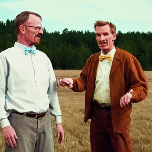 Prompt: walter white and bill nye the science guy shakeing hands in a field, photorealistic