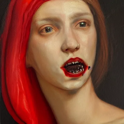 Prompt: a realistic painting by Raffaello Sanzi depicting the Bloody Mary with the head of the symbiotic Xenomorph in the Renaissance era ,smooth,Sharp focus, realism, trending on Artstation.