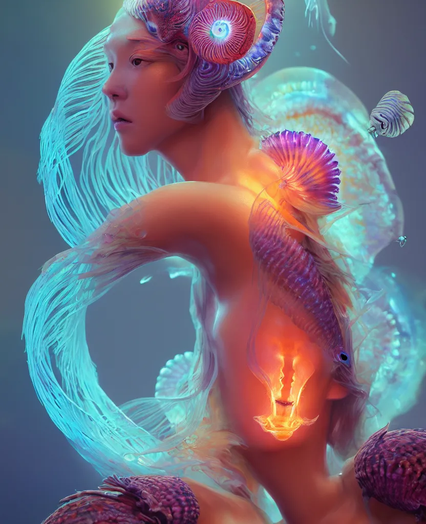 Image similar to goddess close-up portrait. jellyfish phoenix head, nautilus, orchid, skull, betta fish, bioluminiscent creatures, intricate artwork by Tooth Wu and wlop and beeple. octane render, trending on artstation, greg rutkowski very coherent symmetrical artwork. cinematic, hyper realism, high detail, octane render, 8k