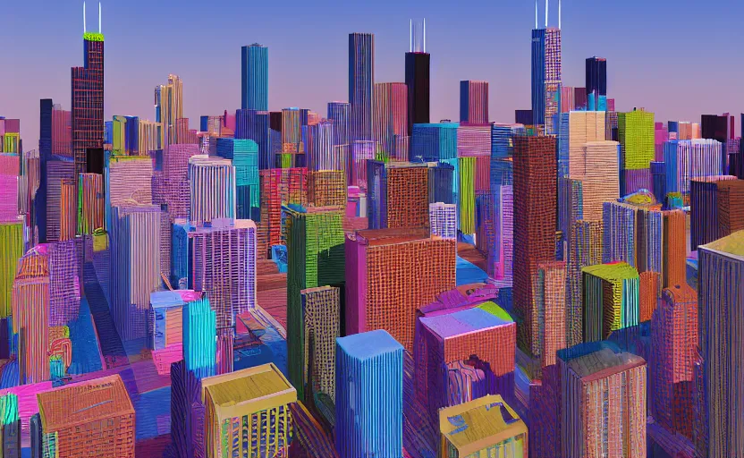 Prompt: chicago skyline but all buildings are made of colorful jello by anthony danielle and ray canlas jr, smooth surfaces, photorealistic, tilt shift, unreal engine render, octane render, 8 k