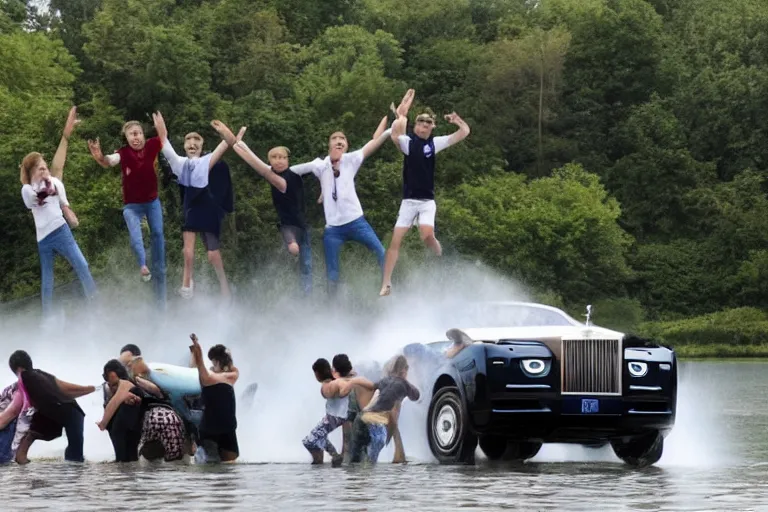 Image similar to Group of teenagers push Rolls-Royce into lake with their hands from a small slide