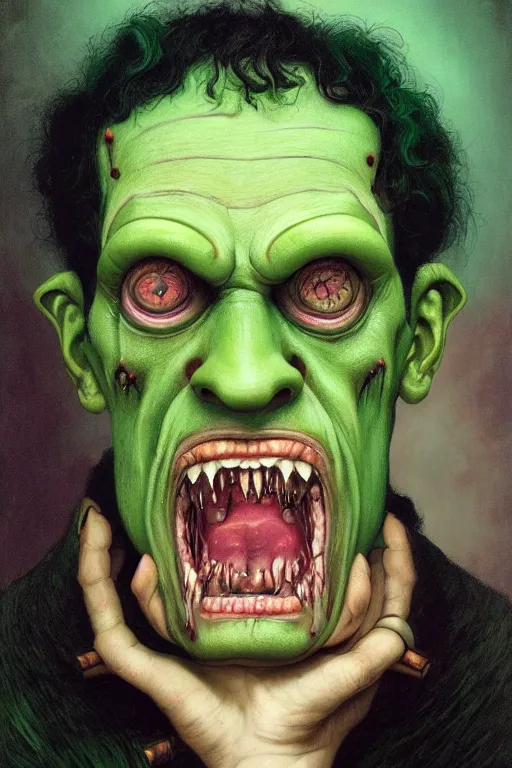 Prompt: low brow pop art surrealist portrait of frankenstein's monster, horror character, cinematic, soft lighting, green skin, classic pose, by tom bagshaw, mark ryden, aunia kahn, alphonse mucha, 8 k