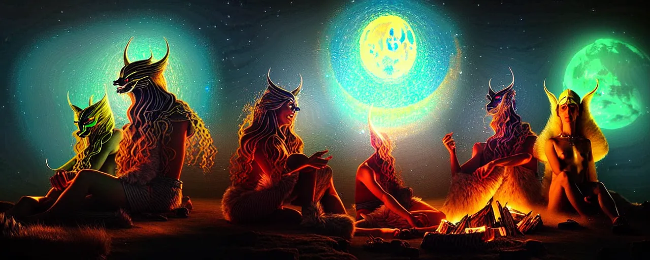 Image similar to uncanny!!! bifrost!!! mythical beasts of sitting around a fire under a full moon at bifrost, surreal dark uncanny painting by ronny khalil