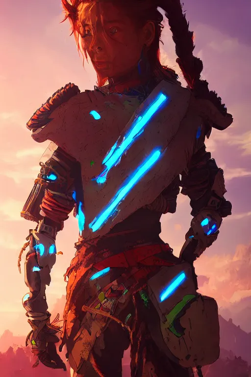 Image similar to combination suit armor aloy horizon forbidden west horizon zero dawn radiating a glowing aura global illumination ray tracing hdr fanart arstation by ian pesty and alena aenami artworks in 4 k tribal robot ninja mask helmet backpack