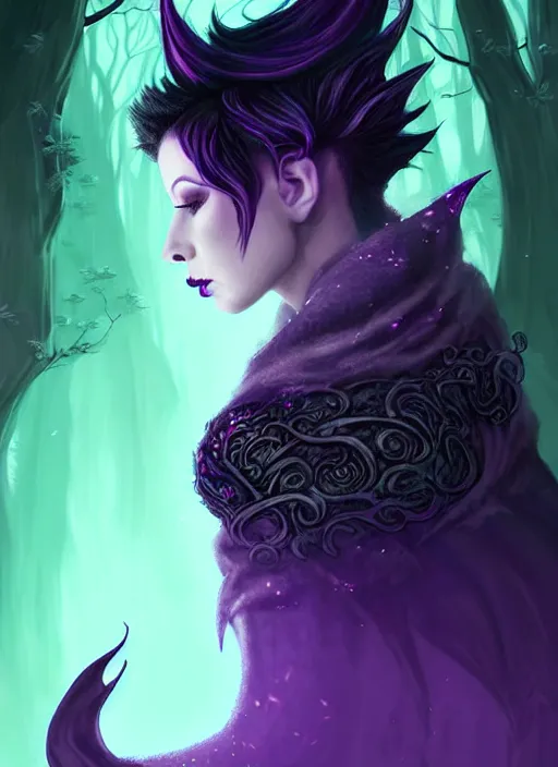 Image similar to side portrait dark witch, adventurer outfit large cloak, fantasy forest landscape, dragon scales, fantasy magic, undercut hairstyle, short purple black fade hair!!!!!!, dark light night, intricate, elegant, sharp focus, illustration, highly detailed!!!!!!!, digital painting, concept art, green neon smoke, matte painting, art by WLOP and Artgerm and Greg Rutkowski and Alphonse Mucha, masterpiece