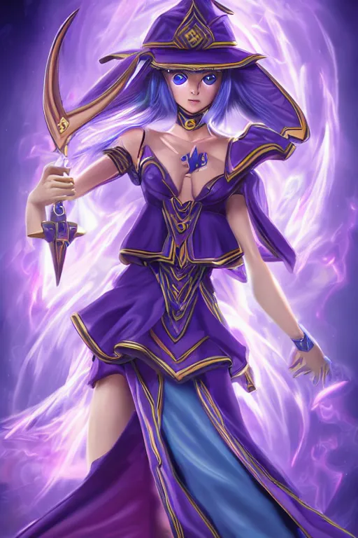 Image similar to dark magician girl from Yu-Gi-Oh, full body, mystical, ultra detailed, 4k digital art, 8k ,character ,realistic, portrait, hyperrealistic