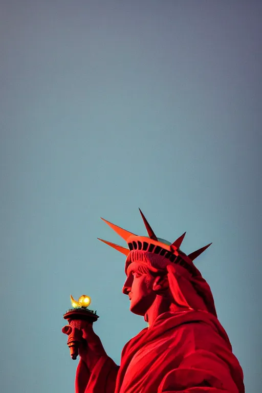 Image similar to award winning photo of the Statue of Liberty at Ellis Island wearing red robe, white bonnet dramatic, cinematic lighting, 4k