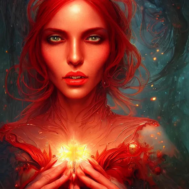 Prompt: detailed portrait of beautiful witch made of red plasma, dark fantasy, sharp focus, vibrant, vivid, glowing magical shiny skin, symmetry, highly detailed, 4 k digital painting, detailed skin, iridescence reflecting, crystal particles, magical, raytracing, plasma, artistic, concept art by artgerm, greg rutkowski, alphonse mucha, unreal engine render,