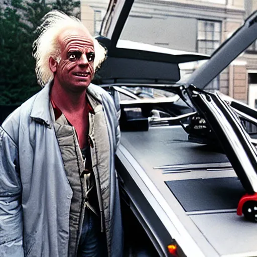 Prompt: doc brown working construction, building a delorean, back to the future - w 7 6 8