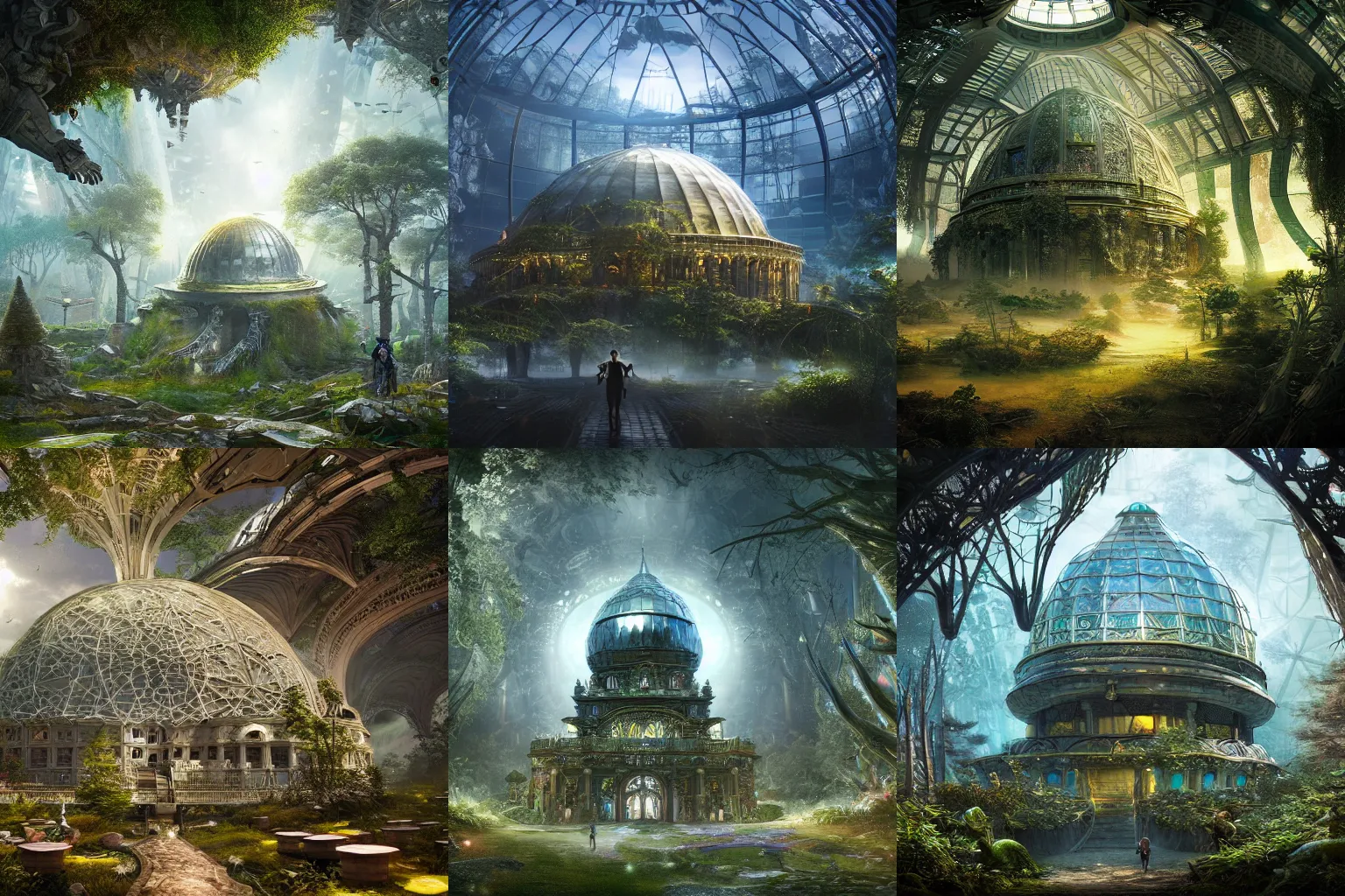 Prompt: a dome shaped artificial futuristic building, in the middle of a magical fantasy forest, epic composition, intricate details, hyper detailed, 8 k, volumetric light, magical atmosphere