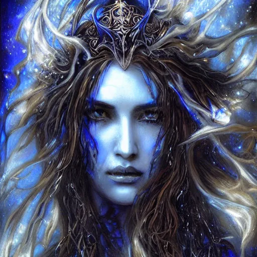 Prompt: masterpiece goddess of sorrow portrait, 3 0 years woman, melancholic face, long hair digital painting by louis royo and julie bell, dark tenebrous blue background, cinematic light, aura effect, some chaotic sparkles, wind, unreal engine, artstation, deviantart, pinterest