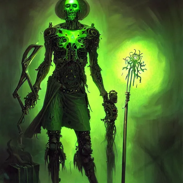Prompt: portrait of a necromancer cyborg with a glowing green scepter, heavy metal aesthetics, award winning digital art by brom and santiago caruso