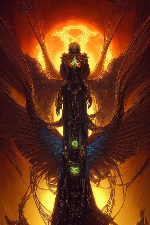 Image similar to a beautiful tarot card artwork of a cyberpunk fallen dark seraphim, horror, backlit, gloomy sky, highly detailed, digital painting, intricate golden threads, by eddie mendoza and greg rutkowski and dan mumford and artgerm, vivid colors, detailed shading, 8 k resolution, intricate, smooth