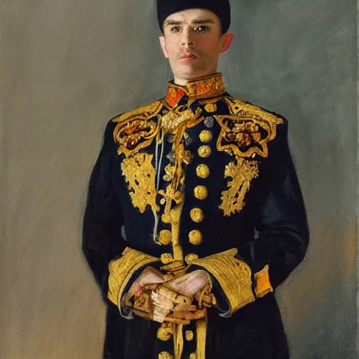 Prompt: A portrait of a skeleton in a Russian Tsar's uniform, painted by John Singer Sargent