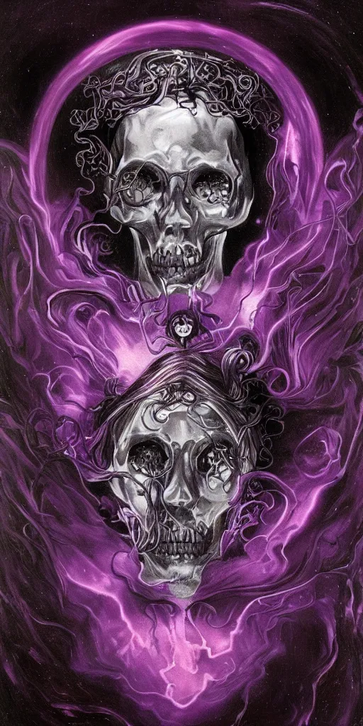 Image similar to intense glowing black metal pagan god with tentacles and intense black eyes with a skull in very dark purple cosmic space nebula by karol bak and alphonse mucha and artgerm, portrait, fantasy, clear, light beams, lens flare, soft, uhd, amazing depth, cinematic lighting, violet and magenta and black and white and metallic silver