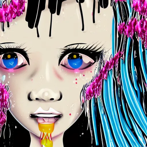 Prompt: a Harajuku girl with huge tears dripping down her face, illustration